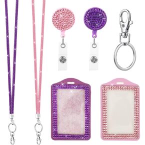 2 PCS Rhinestone Bling Lanyard with Id Badge Holder, Rhinestone Lanyard for Id Badges Diamond Crystal Id Card Holder Crystal Retractable Badge Reel Neck Lanyard with Metal Clasp and Key Ring for Women in Kuwait