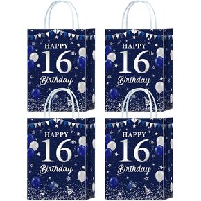16 Pieces Navy Blue 16th Birthday Party Favors Bags,Blue Silver 16th Birthday Gift Snacks Treat Candy Party Favors Bags with Handles for Boys Girls 16th Birthday Party Decorations
