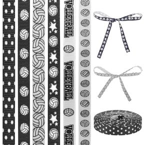 6 Rolls of Volleyball Ribbon, 0.39 Inch x 4.92 Yard Satin Volleyball Ribbon Volleyball Hair Ties Volleyball Hair Bows Wrapping Craft Ribbons for Sport Team Theme Party Decorations (Total 29.52 Yard)