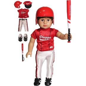 American Fashion World Red Baseball Uniform for 18-Inch Dolls | Accessories Included | Premium Quality & Trendy Design | Dolls Clothes | Outfit Fashions for Dolls for Popular Brands