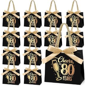 Clysee 25 Pcs 80th Birthday Gift Bags with Handles Black and Gold Party Favor Bags Bulk for Birthday Wedding Anniversary Supplies Decorations Cheers to 80 Years, 5.51 x 2.36 x 4.72 Inches