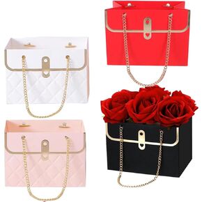 NADUSEP Flower Box Paper Bouquet Storage Bucket, Florist Flower Hand bag with Metal Chain Waterproof Florist Flower Boxes for Gifts Wrapping Supplies Bulk (4 color)