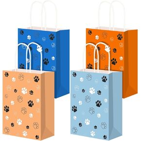 Kolldenn 24 Pcs Small Blue Dog Party Favors Puppy Paw Print Gift Bags with Handles Small Gift Paper Bags Puppy Print Treat Goodie Shopping Handbags for Blue Dog Birthday Party Favor Supplies