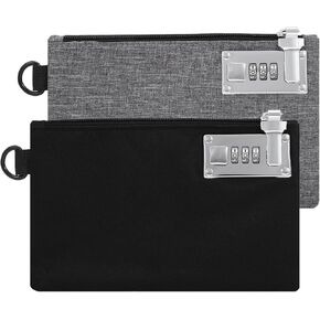 AMIR 2Pcs Lockable Money Bag, 5x8 Inches,Security Nylon Locking Coin Purse Bank Bags with Zipper for Travel, Cash, Jewelry, Passports, Medicine, Credit Cards (Black & Grey)