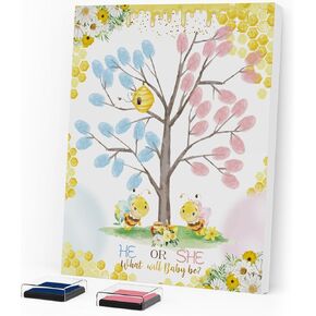 Gender Reveal Fingerprint Tree Canvas, Bee Gender Reveal Decorations Neutral Baby Shower Guest Book Party Game, Gender Reveal Keepsake with Ink Pad
