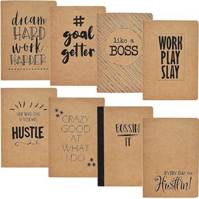 Paper Junkie Inspirational Notebook A5, 5x8 Kraft Paper Lined Journals, Bulk Set, Art Journals, Teacher Notebook for School Classroom, Home, Office - Happy Theme (Pack of 8)
