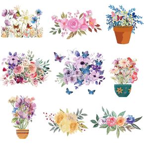 9PCS/Set Pocket Size Watercolor Flowers Transfer Stickers for Clothing, Iron On Decal Wildflowers Heat Transfer Patches for Clothing Vinyl Sticker Decals Washable Decoration Applique (F-5)
