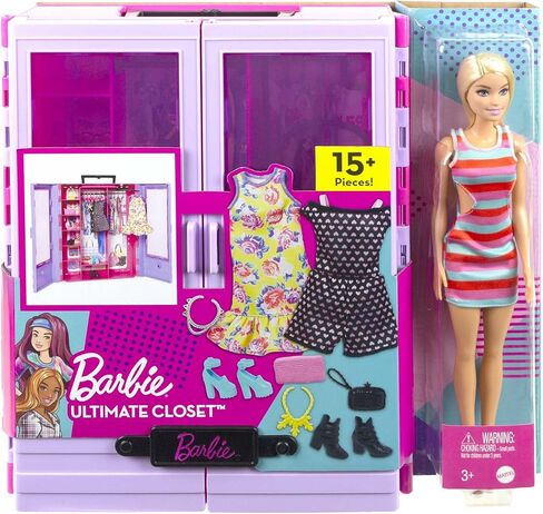 Barbie Doll & PlaySet ، خزانة أزياء Ultimate مع الملابس (3 ملابس) وملحقات الأزياء بما في ذلك 6 شماعات in Kuwait