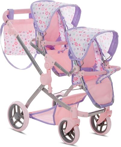 Baby Doll Double Stroller, Twin Pink Pram Buggy Pretend Play for Girls Kids 27.5 in High Adjustable Handle Rotating Wheels Storage Basket Diaper Bag in Saudi Arabia