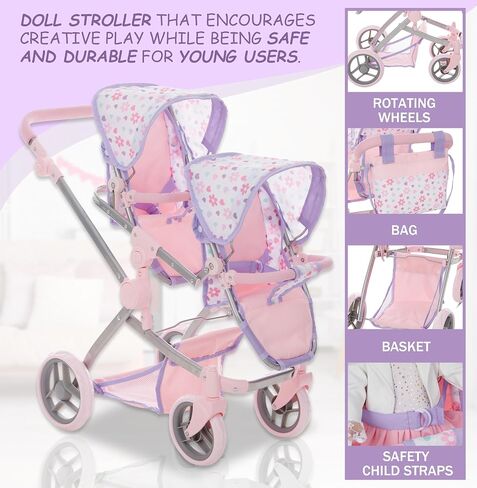 Baby Doll Double Stroller, Twin Pink Pram Buggy Pretend Play for Girls Kids 27.5 in High Adjustable Handle Rotating Wheels Storage Basket Diaper Bag in Saudi Arabia