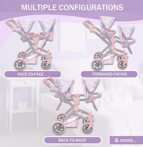 Baby Doll Double Stroller, Twin Pink Pram Buggy Pretend Play for Girls Kids 27.5 in High Adjustable Handle Rotating Wheels Storage Basket Diaper Bag in Saudi Arabia