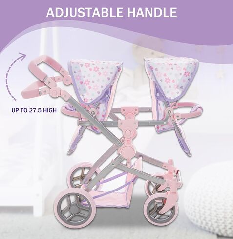 Baby Doll Double Stroller, Twin Pink Pram Buggy Pretend Play for Girls Kids 27.5 in High Adjustable Handle Rotating Wheels Storage Basket Diaper Bag in Saudi Arabia