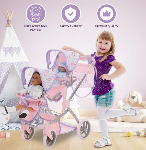 Baby Doll Double Stroller, Twin Pink Pram Buggy Pretend Play for Girls Kids 27.5 in High Adjustable Handle Rotating Wheels Storage Basket Diaper Bag in Saudi Arabia