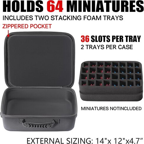 Miniature Storage Carrying Case -64 Slot Storage Case with 2 Impact-Absorbing Foam Trays For 32mm Warhammer 40k, DND and More,case with Adjustable Shoulder Strap and zippered pocket. (64 Slot) in Saudi Arabia