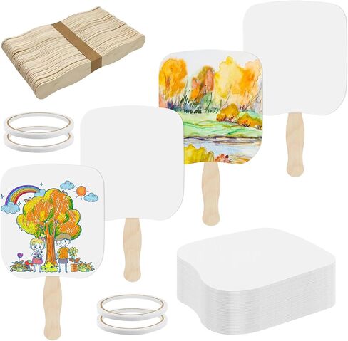 LOTMER 90 Pcs Church Fans Handheld Set, 60 Sheet Double Sided Paper Fans with 30 Wavy Wooden Sticks, DIY Crafting & Painting in Saudi Arabia