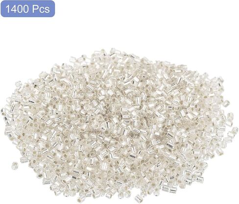 uxcell 1400pcs حبات البوق الزجاجية ، 1.5x1.5mm أنبوب مصغر حبة زجاجية فضفاضة بذرة الفواصل للقطاعات DIY MONDLETS MOWENT (Silver) in Kuwait