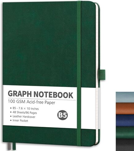 RETTACY Graph Paper Notebook, B5 Grid Notebook Journal with 96 Pages, 7.6'' × 10'', Medium Size, Leather Hardcover, 100 GSM Thick Paper, for Students, Homework, Math, Engineering (Brown) in Kuwait