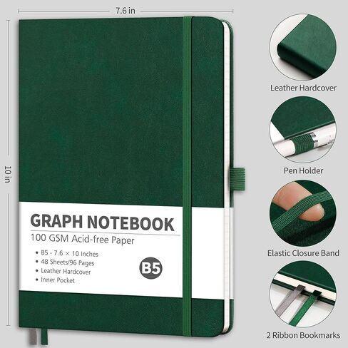 RETTACY Graph Paper Notebook, B5 Grid Notebook Journal with 96 Pages, 7.6'' × 10'', Medium Size, Leather Hardcover, 100 GSM Thick Paper, for Students, Homework, Math, Engineering (Brown) in Kuwait