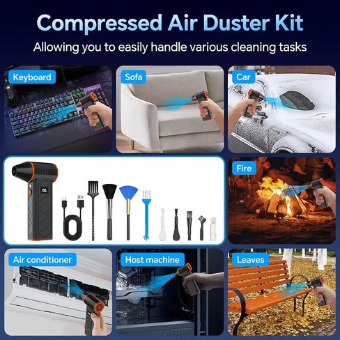 10000mAh Compressed Air Duster with Two LED Light-180000RPM Electric Mini Blower, 4-Gear Adjustable Air Blower Rechargeable Cordless PC Cleaning Kit for Keyboard, Computer, Car, Snow, Home, Black in Saudi Arabia