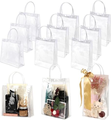 zandfelo 20 Pcs 8''x10''x3.2'' Clear Gift Bags with Handle, Clear Plastic Goodie Bags, Reusable Transparent PVC Gift Wrap Tote Bag in Kuwait
