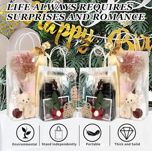 zandfelo 20 Pcs 8''x10''x3.2'' Clear Gift Bags with Handle, Clear Plastic Goodie Bags, Reusable Transparent PVC Gift Wrap Tote Bag in Kuwait