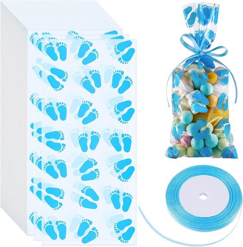 Zonon 100 Pieces Party Favor Bags Baby Shower Treat Bags Plastic Candy Gift Goodie Baby Footprint with Ribbons for Birthday Party Supplies(Blue) in Saudi Arabia