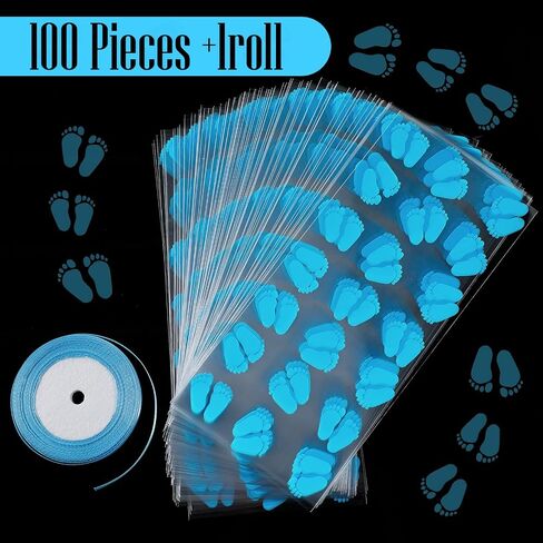 Zonon 100 Pieces Party Favor Bags Baby Shower Treat Bags Plastic Candy Gift Goodie Baby Footprint with Ribbons for Birthday Party Supplies(Blue) in Saudi Arabia