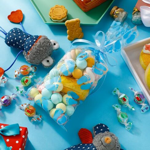Zonon 100 Pieces Party Favor Bags Baby Shower Treat Bags Plastic Candy Gift Goodie Baby Footprint with Ribbons for Birthday Party Supplies(Blue) in Saudi Arabia