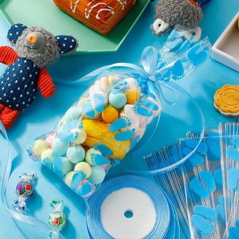 Zonon 100 Pieces Party Favor Bags Baby Shower Treat Bags Plastic Candy Gift Goodie Baby Footprint with Ribbons for Birthday Party Supplies(Blue) in Saudi Arabia