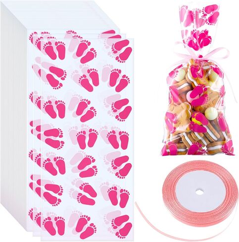 Zonon 100 Pieces Party Favor Bags Baby Shower Treat Bags Plastic Candy Gift Goodie Baby Footprint with Ribbons for Birthday Party Supplies(Blue) in Saudi Arabia