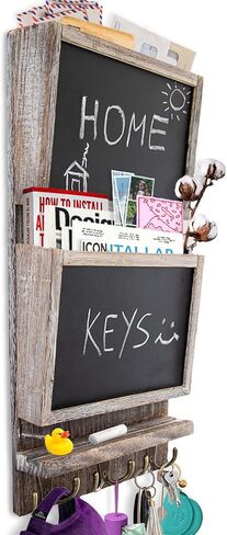 Rustic 2-Slot Mail Sorter Organizer for Wall with Chalkboard Surface & 3 Double Key Hooks - Wooden Wall Mount Mail Holder Organizer – Wall Décor for Entryway Made of Paulownia Wood - Torched Brown in Saudi Arabia