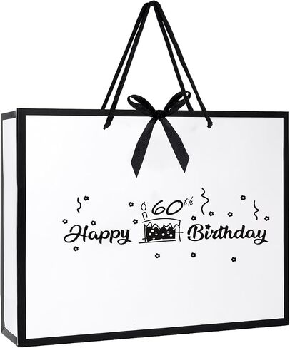 VFUNZA 60th Birthday Gift Bag for women/Men, 60 Years Old Birthday Decorations, Birthday Gift Ideas, 13" Luxurious Black Edge White Gift Bags in Saudi Arabia