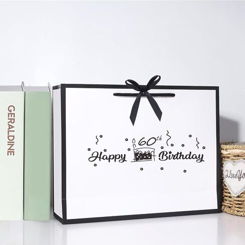 VFUNZA 60th Birthday Gift Bag for women/Men, 60 Years Old Birthday Decorations, Birthday Gift Ideas, 13" Luxurious Black Edge White Gift Bags in Saudi Arabia
