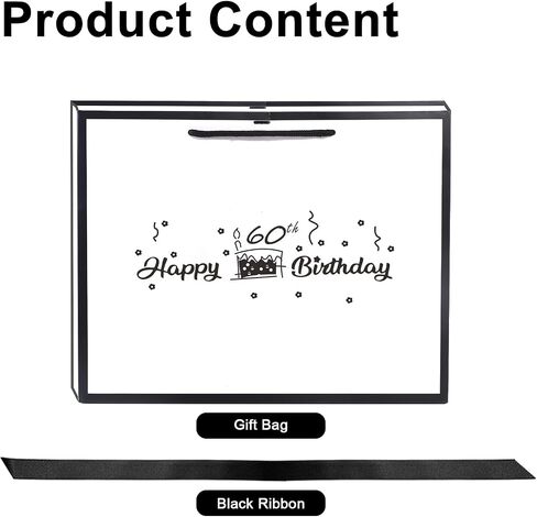 VFUNZA 60th Birthday Gift Bag for women/Men, 60 Years Old Birthday Decorations, Birthday Gift Ideas, 13" Luxurious Black Edge White Gift Bags in Saudi Arabia