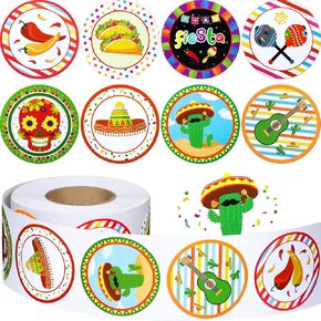 500 Pcs Fiesta Party Stickers Mexican Decorations Mexican Theme Stickers Mexican Party Favors for Kids Fiesta Scrapbook Stickers Round Circle Labels with 8 Patterns for Cinco De Mayo (Classic Style)