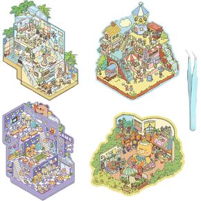 4 Sets Large DIY 3D House Stickers,Make Your Own Mini Shop 3D Scenes Stickers,Cute Cartoon Sticker Scenes for Adults Kids,Fun DIY Stickers Scene for Adult Relief Stress Pass The Time