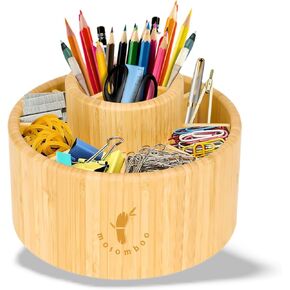 Bamboo Pen Holder Organizer - 360° Rotating Bamboo Desk Organizer with 11 Compartments, Art Supply Organizers, Colored Pencil Holder Organizer, Art Brushes, Desktop Storage Caddy