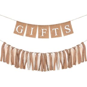 2 Pcs Boho Burlap Banner Baby Shower Decorations Set Include Rustic Gift Banner Decor Bunting Sign Bunting Gifts Sign Burlap Lace Tassel Garland Rag Garland Tie for Party Wedding Bridal Farmhouse