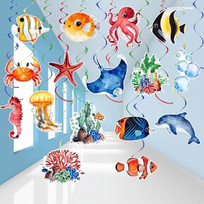 36Pcs Sea Animals Tropical Fish Hanging Swirl Under The Sea Party Birthday Decor Ocean Themed Party Swirls Streamers Supplies for Boys Girls Kids Mermaid Creatures Baby Shower Decorations