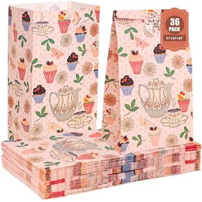 VGOODALL 36PCS Tea Party Favor Bags, 4.7"x3.1"x8.7" Small Paper Gift Bags with Stickers for Birthday Parties, Wedding, Baby Shower, Goodie Treats