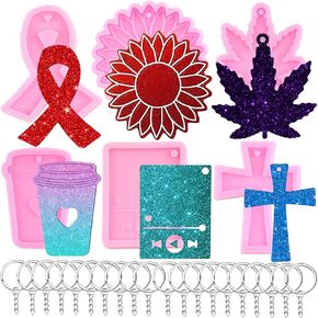 Sunflower Silicone Mold Coffee Cups Resin Mold Ribbon Media Player Resin Keychain Crafting Molds Maple Leaf Resin Epoxy Molds with 20 Pcs Key Rings for DIY Crafts Making Set of 26