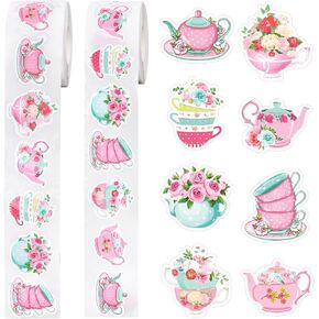 1200Pcs Tea Party Stickers Roll Floral Teacup Pink Self-Adhesive Stickers Decals for Birthday Baby Shower Journal Scrapbook, 8 Designs, 2 Rolls