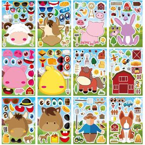 36 Pieces Make-a-face Stickers Pack, Mixed & Matched with 12 Designed(3 of Each) Stickers, Make Your Own Stickers Farm and Animals for Kids Teen Party Decoration, Reward, Decor, Gift Idea