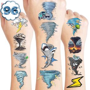 96 PCS Tornado Themed Twonado Birthday Party Decorations Favors Supplies Decor Cute Tornado Tattoos Stickers Gifts for Kids Girls Boys School Prizes Rewards, Grey, Blue, Black