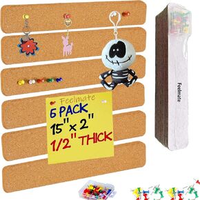 6Pack Cork Board Bar Strips for Wall,15x2inch-1/2inch Thick Self Adhesive Bulletin Bar Strips with 50 Push Pins for Paste Notes,Photos, Schedules, Announcements No Damage