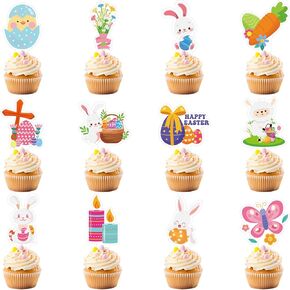Easter Decorations 36PCS Cake Cupcake Toppers with Rabbit Bunny Eggs Basket Carrot Butterfly Flower for Spring Decor Baby Shower Party Supplies