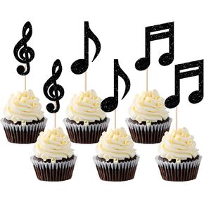 24 Pcs Music Notes Cupcake Toppers Black Glitter Musical Symbol Cupcake Picks for Rock Music Concert Theme Baby Shower Wedding Kids Birthday Party Cake Decorations Supplies