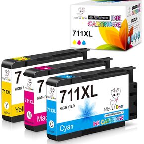 Miss Deer 3 Pack 711XL Color Ink Cartridges High Yield Compatible Replacement Ink for HP 711 711XL Ink,Work for HP Designjet T120 T520 24-in T520 36-in Printer(Cyan,Magenta,Yellow)