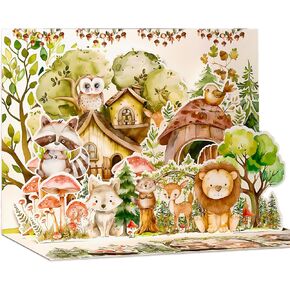 Baby Shower Card (Animal Forest Theme), 3D Pop-up Baby Shower Card for Girls and Boys, Welcome New Baby, Congratulations, Gender Reveal