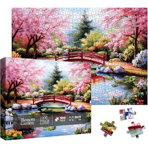 Garden Landscape Painting Jigsaw Puzzle 1000 Piece for Adult, Colorful Art Flower Cherry Blossom Plant Jigsaw Puzzles, Pretty Aesthetic Lotus Puzzle